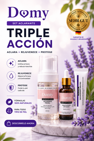 Set Aclarante Triple Acción — Aclarante Facial, Sérum de Día Anti Edad y Desodorante Neutro